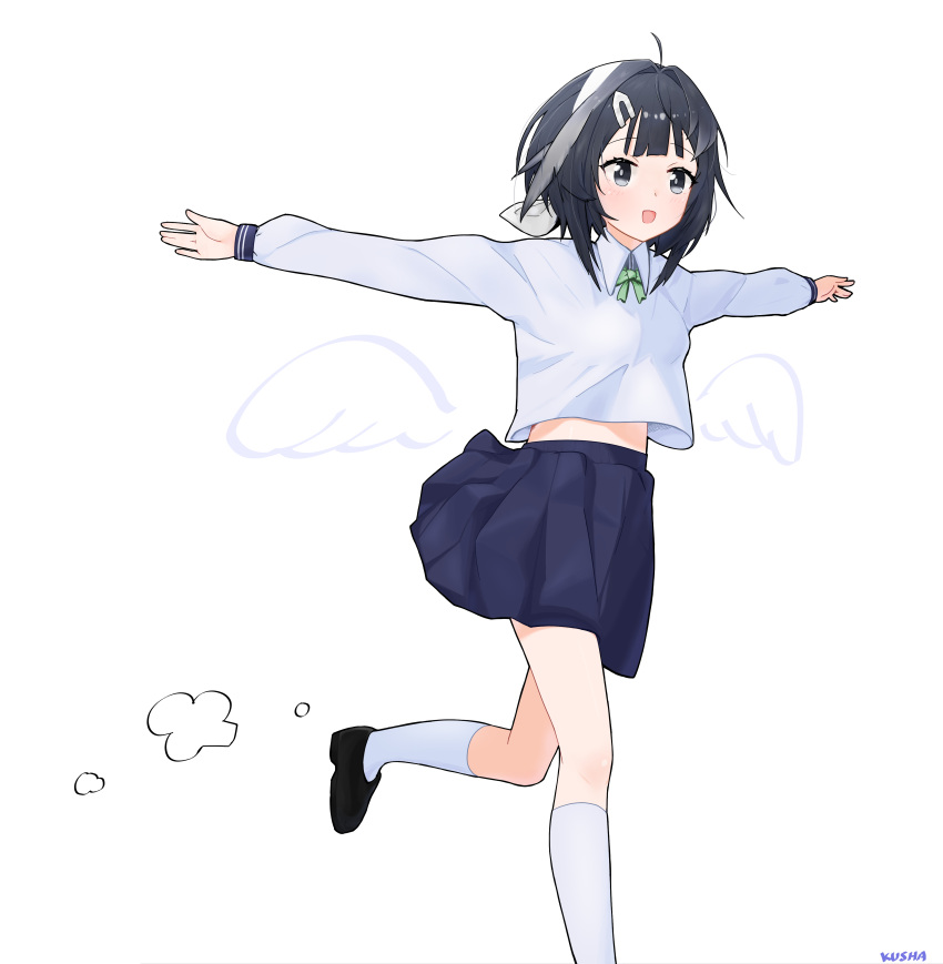 1girl :d absurdres ahoge arknights artist_name black_eyes black_footwear black_hair blue_skirt blush bow bowtie collared_shirt dot_nose drawn_wings foot_out_of_frame foot_up from_side green_bow green_bowtie hair_bow hair_intakes highres kneehighs kushaaaa4 la_pluma_(arknights) long_sleeves looking_ahead medium_hair midriff_peek mini_wings miniskirt open_hands open_mouth outstretched_arms pleated_skirt running school_uniform shirt shirt_overhang shoes sidelocks simple_background skirt sleeve_cuffs smile socks solo white_background white_bow white_socks wings