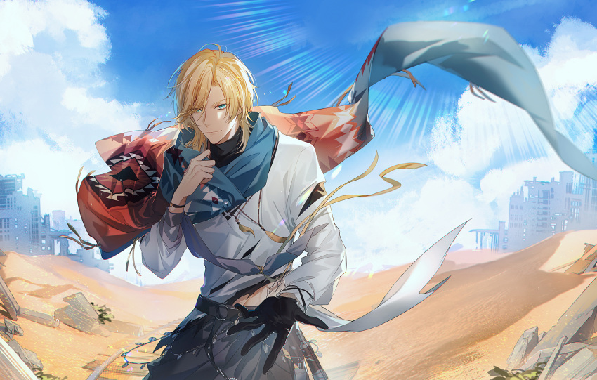 1boy adjusting_clothes aqua_eyes beckoning belt belt_buckle black_belt black_gloves black_undershirt blonde_hair blue_cloak bracelet buckle building chinese_commentary cloak closed_mouth clouds cowboy_shot day desert feather_necklace floating_clothes gloves highres jewelry lars_rorschach lieshang773 long_sleeves looking_at_viewer lovebrush_chronicles male_focus midriff_peek necklace open_hand red_cloak rock ruins sand shirt short_hair single_glove smile solo standing sunlight swept_bangs telescope torn_clothes torn_shirt turtleneck two-tone_cloak waist_cape white_shirt
