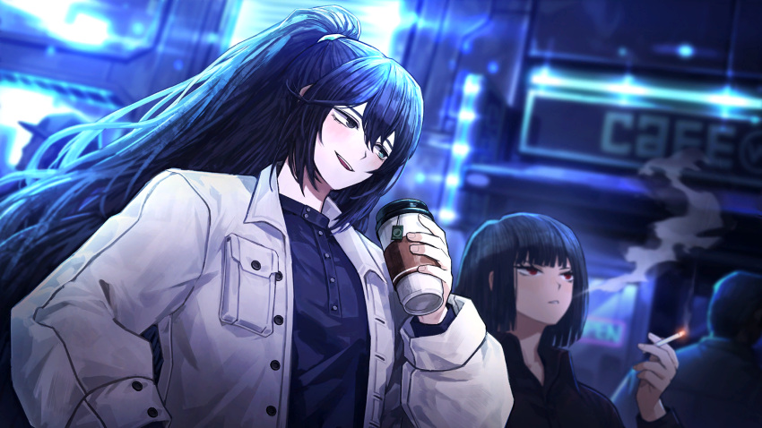 1girl 2boys black_eyes black_hair black_shirt blue_eyes blue_shirt bob_cut cigarette coffee_cup collared_shirt cup disposable_cup dress_shirt game_cg heterochromia highres holding holding_cigarette holding_cup hong_lu_(project_moon) jacket limbus_company long_hair multiple_boys nai_ga official_art open_clothes open_jacket outdoors parted_lips ponytail project_moon red_eyes ryoshu_(project_moon) shirt short_hair sidelocks smoke smoking standing white_jacket wing_collar