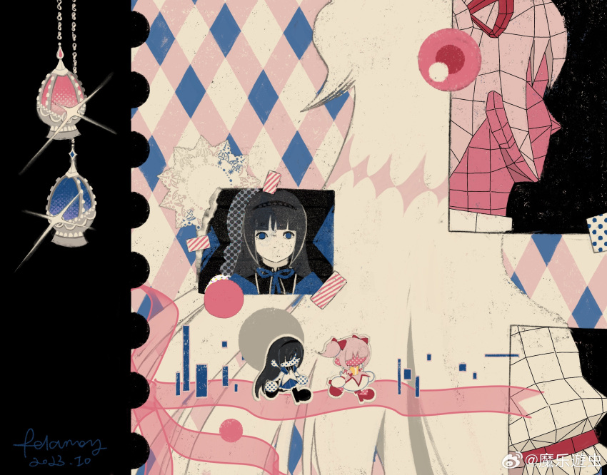 3girls abstract absurdly_long_hair akemi_homura argyle argyle_background black_footwear black_hair black_hairband boots bow bubble_skirt capelet collar deformed dress dual_persona frilled_skirt frilled_sleeves frills from_behind glitch gloves goddess_madoka hair_bow hair_ribbon hairband highres kaname_madoka knee_boots long_hair looking_at_viewer magical_girl mahou_shoujo_madoka_magica mahou_shoujo_madoka_magica_(anime) mary_janes miniskirt multiple_girls multiple_views neck_ribbon outline photo_(object) pink_background pink_dress pink_hair puffy_short_sleeves puffy_sleeves purple_capelet purple_ribbon purple_skirt red_bow red_footwear red_ribbon relanoy ribbon shoes short_dress short_hair short_sleeves short_twintails skirt soul_gem straight-on tape twintails two_side_up very_long_hair violet_eyes walking watermark weibo_logo weibo_username white_collar white_dress white_gloves white_outline white_skirt white_sleeves