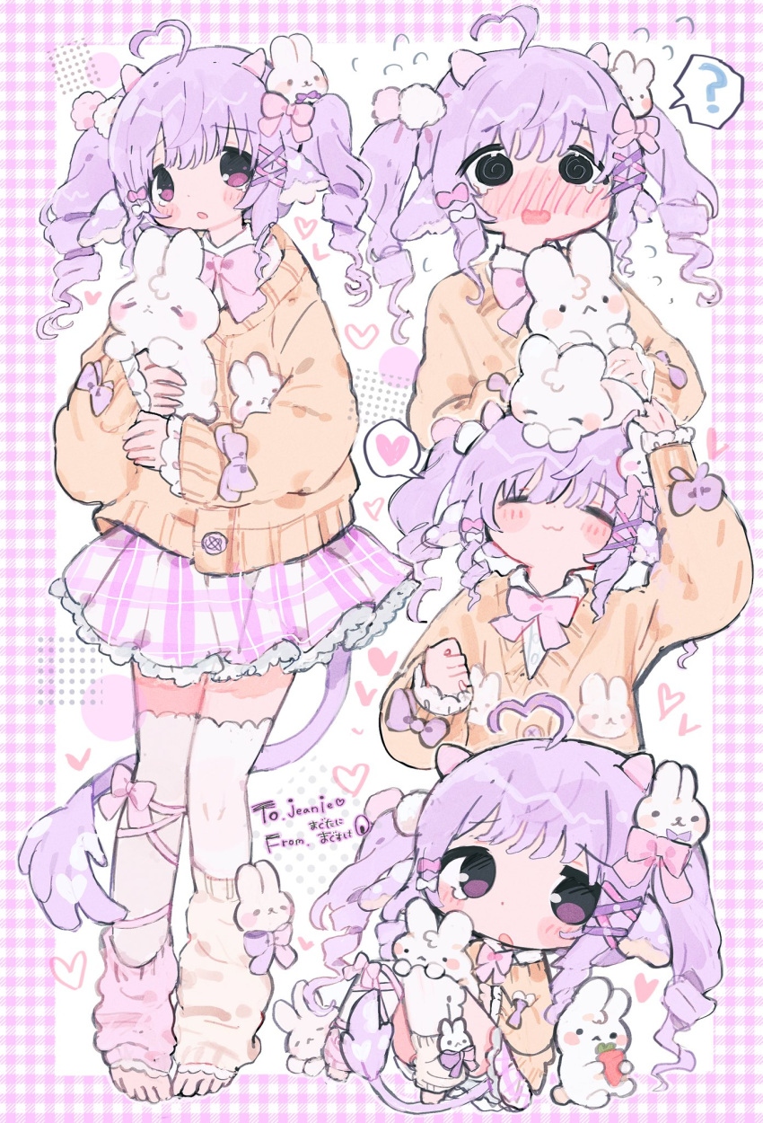 1girl :3 ? @_@ ahoge animal animal_ears animal_on_head artist_name barefoot blush border bow chibi closed_mouth commission commissioner_name drill_hair english_commentary hair_ribbon halftone heart heart_ahoge highres holding holding_animal long_hair looking_at_viewer loose_socks mooosikasite multiple_views on_head open_mouth orange_socks orange_sweater original pink_border pink_bow pink_ribbon pink_skirt pink_socks plaid plaid_border plaid_skirt purple_hair rabbit ribbon shirt sidelocks skeb_commission skirt socks solo speech_bubble sweater tears thigh-highs twin_drills violet_eyes white_background white_shirt white_thighhighs