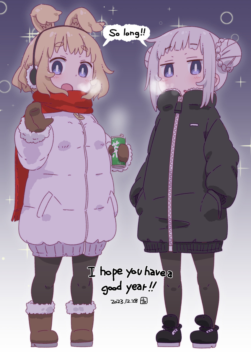 2girls animal_ears black_coat black_footwear blonde_hair blush boots breath brown_footwear brown_gloves can child coat dated dog_ears dog_girl double_bun drink earmuffs english_text gloves gradient_background hair_bun hands_in_pocket highres holding holding_can looking_at_viewer multiple_girls open_mouth original pantyhose purple_background red_scarf samansa_ex sansan_(samansa_ex) scarf shared_speech_bubble shoes short_hair speech_bubble standing tabasa_(samansa_ex) violet_eyes white_background white_coat white_hair winter winter_clothes zipper zipper_pull_tab