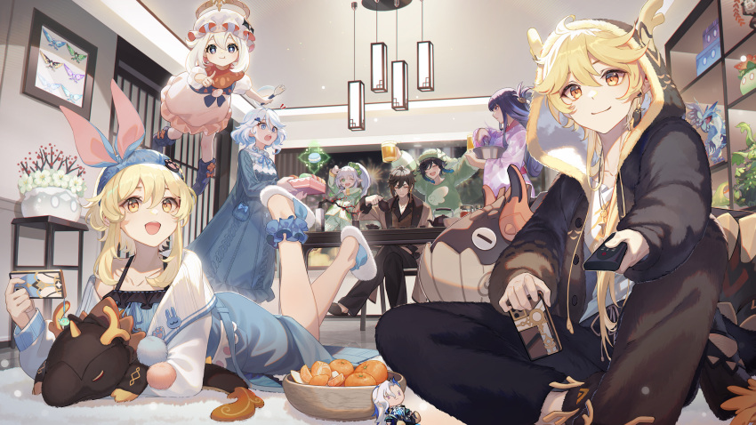 3boys 5girls absurdres aether_(genshin_impact) alcohol bad_source banned_artist beer blonde_hair blue_dress blue_eyes blue_hair brown_hair cellphone closed_mouth controller cup desk dress dvalin_(genshin_impact) earrings food fruit furina_(genshin_impact) genshin_impact hair_between_eyes halo hat highres hilichurl_(genshin_impact) holding holding_cup holding_phone holding_remote_control hood hood_up jewelry long_hair long_sleeves lumine_(genshin_impact) multicolored_hair multiple_boys multiple_girls nahida_(genshin_impact) neuvillette_(genshin_impact) open_mouth orange_(fruit) paimon_(genshin_impact) phone purple_hair raiden_shogun remote_control selenoring slime_(genshin_impact) smartphone smile stuffed_animal stuffed_toy table venti_(genshin_impact) white_dress white_hair yellow_eyes zhongli_(genshin_impact)