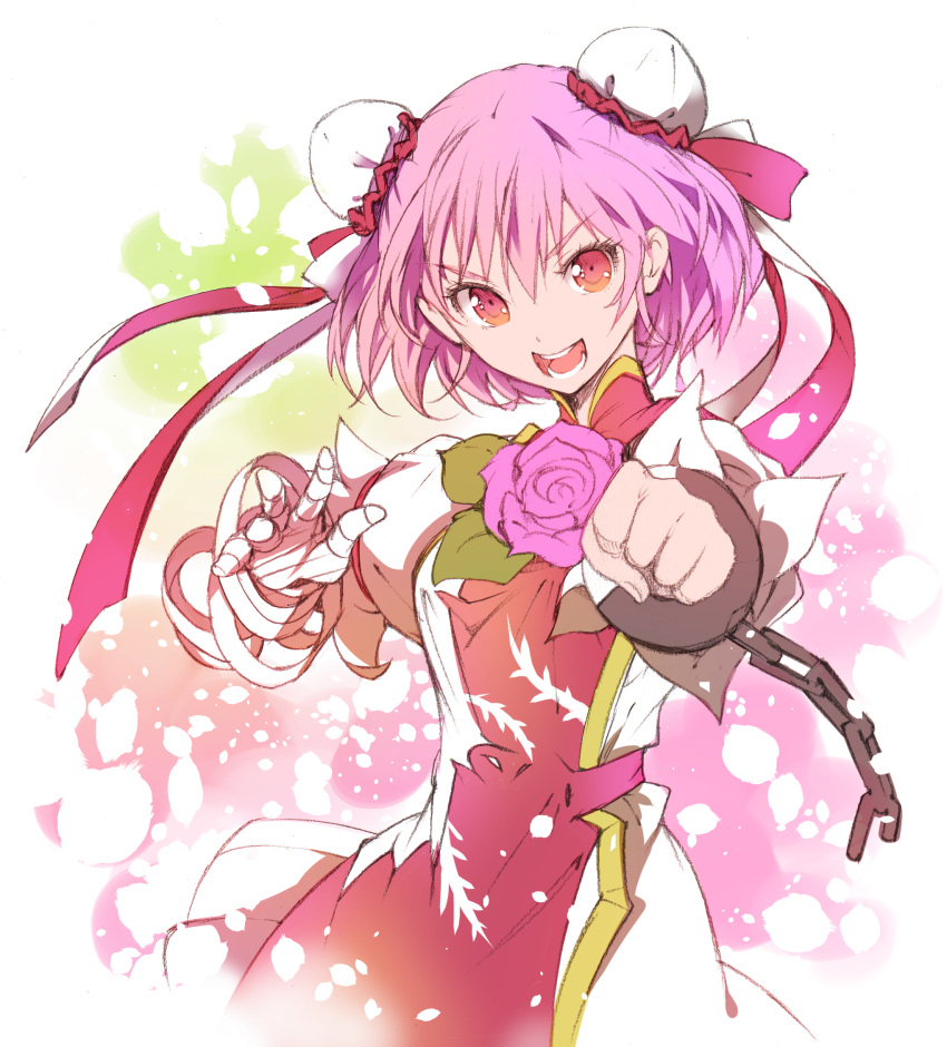 1girl bandaged_arm bandages bun_cover chain clenched_hand cuffs dress flower highres ibaraki_kasen ichizen_(o_tori) looking_at_viewer one-hour_drawing_challenge open_mouth pink_flower pink_hair pink_rose red_eyes rose short_hair short_sleeves smile solo tabard touhou white_dress