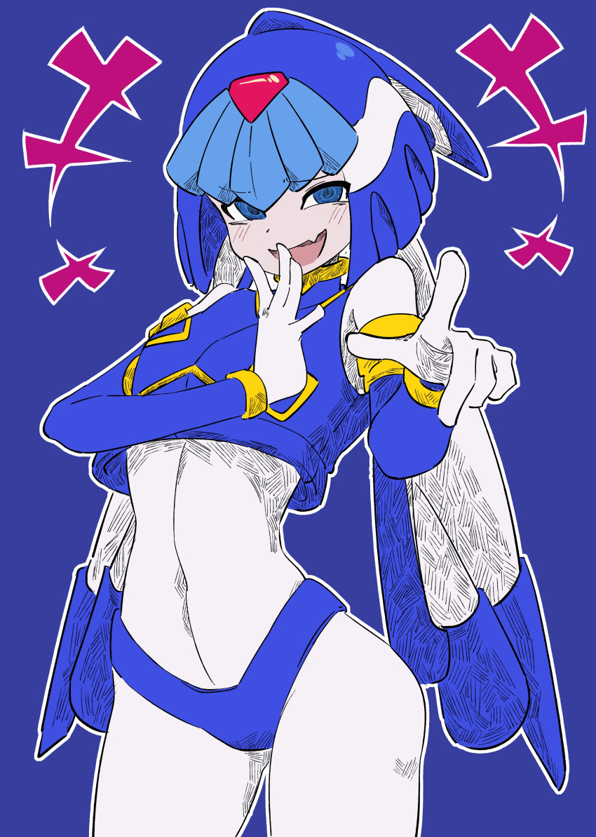 +++ 1girl absurdres blue_background blue_eyes bodysuit buzzlyears crop_top crotch_plate fairy_leviathan_(mega_man) fang helmet highres looking_at_viewer mega_man_(series) mega_man_zero_(series) ojou-sama_pose pointing pointing_at_viewer simple_background skin_fang smug solo white_bodysuit