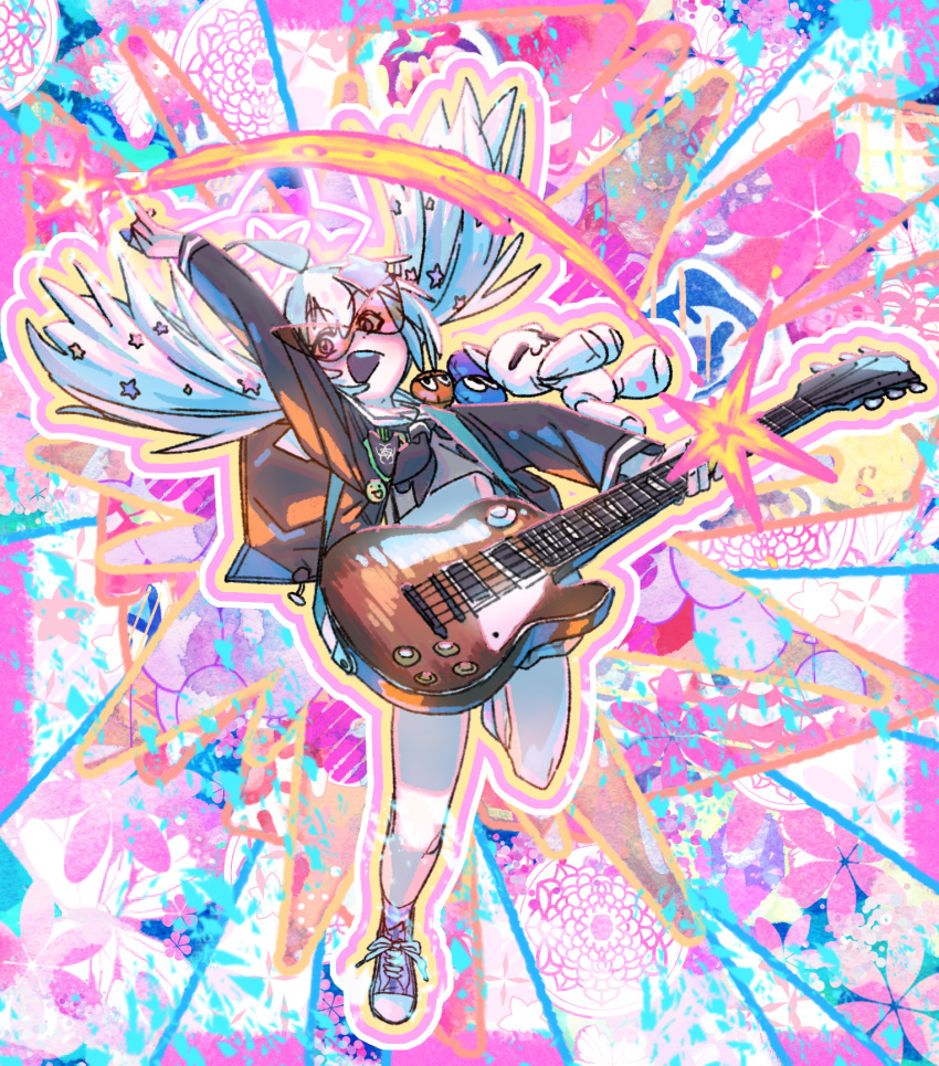 1girl ahoge arm_up black_jacket black_neckerchief blonde_hair blue_archive blue_eyes blue_hair full_body glasses grey_shirt grey_skirt guitar hair_ornament halo highres holding holding_guitar holding_instrument instrument jacket light_blue_hair long_sleeves looking_at_viewer multicolored_hair neckerchief open_mouth outstretched_arm pararilla pink_hair pink_halo pleated_skirt reisa_(blue_archive) sailor_collar shirt shoes skirt smile solo star_(symbol) star_hair_ornament star_halo twintails violet_eyes