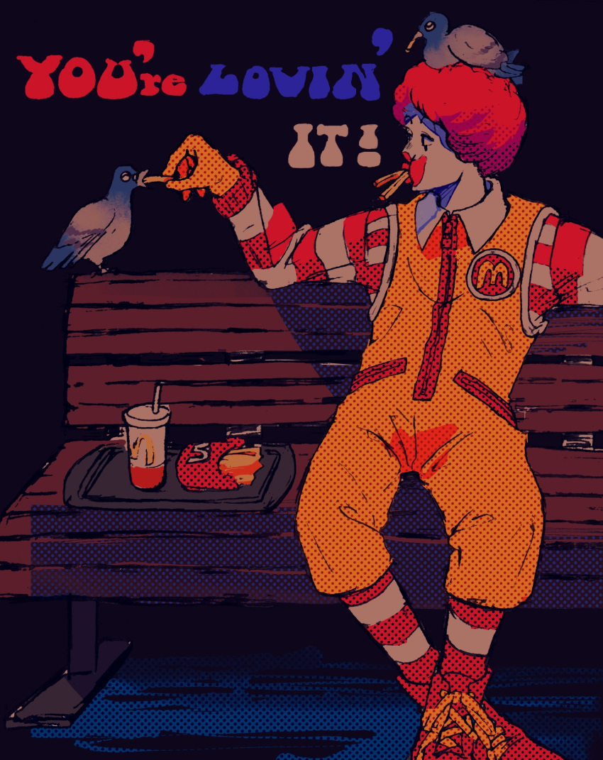 1boy bench bird black_background clown crossed_ankles cup disposable_cup drinking_straw english_text feeding food food_in_mouth french_fries gloves halftone highres holding holding_food jumpsuit looking_to_the_side mago_oowarawa male_focus mcdonald's on_bench park_bench pigeon red_shirt redhead ronald_mcdonald shirt sitting sleeveless_jumpsuit solo striped_clothes striped_shirt tray yellow_gloves yellow_jumpsuit