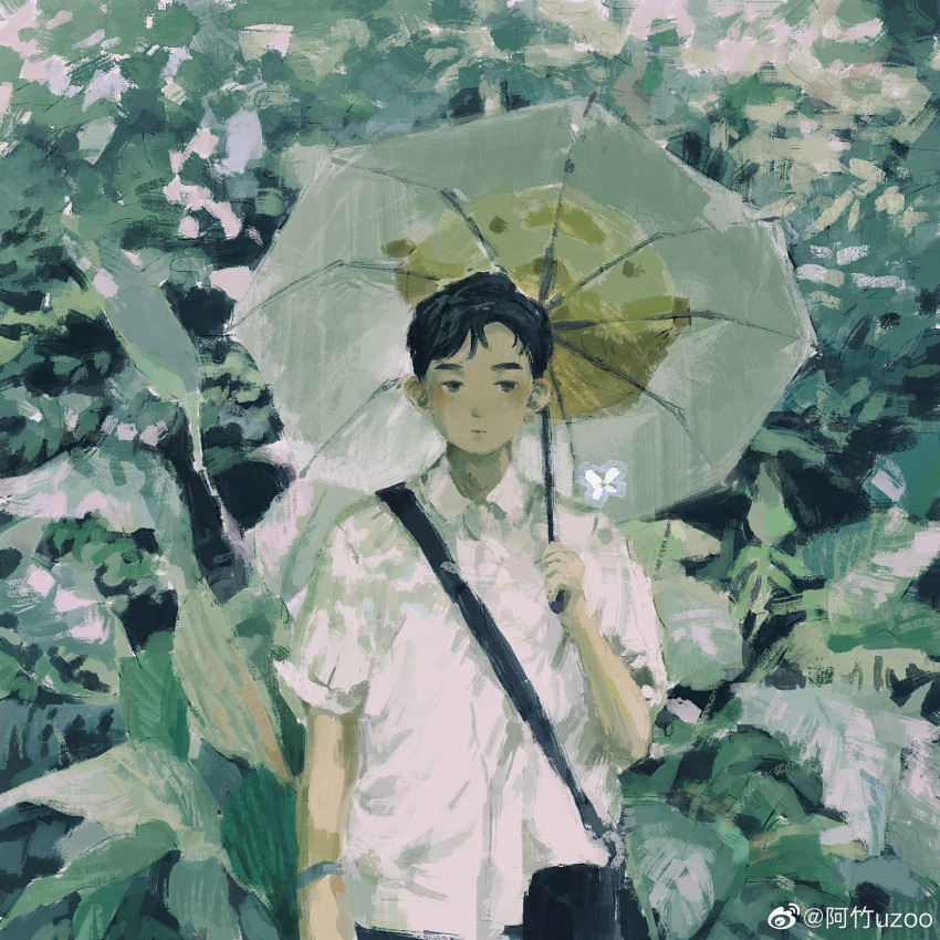 1boy absurdres arm_at_side azhuzoo black_bag black_eyes black_hair bracelet chinese_commentary closed_mouth collared_shirt expressionless flower hand_up highres holding holding_umbrella jewelry leaf looking_at_viewer male_focus original painterly plant shirt short_hair short_sleeves solo standing strap umbrella vegetation weibo_logo weibo_username white_shirt white_umbrella