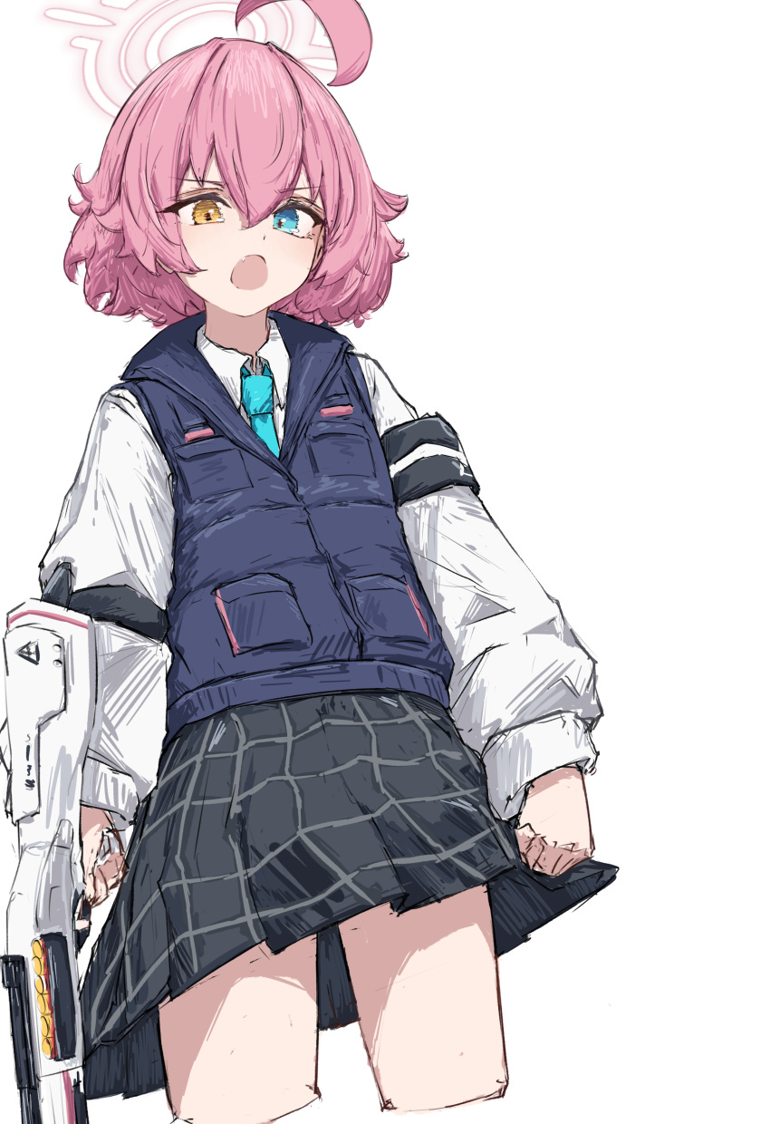 1girl absurdres ahoge armband beretta_1301 black_skirt blue_archive blue_eyes blue_necktie blue_vest bulletproof_vest commentary gun hair_flaps halo heterochromia highres holding holding_gun holding_weapon hoshino_(blue_archive) hoshino_(young)_(blue_archive) huge_ahoge long_sleeves looking_at_viewer necktie open_mouth pink_hair pink_halo plaid plaid_skirt pleated_skirt puffy_long_sleeves puffy_sleeves shirt short_hair skirt solo symbol-only_commentary tobildesu vest weapon white_shirt yellow_eyes