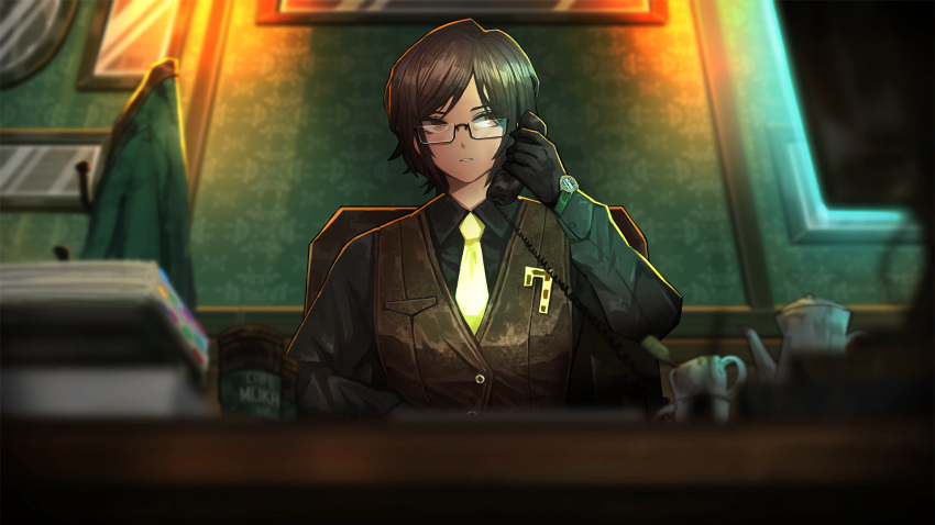 1girl black_gloves black_shirt brown_hair brown_vest collared_shirt corded_phone game_cg glasses gloves green_jacket highres indoors jacket limbus_company nai_ga necktie official_art orange_eyes outis_(project_moon) parted_lips phone project_moon shirt short_hair sitting solo teapot teeth unworn_jacket vest watch watch wing_collar yellow_necktie