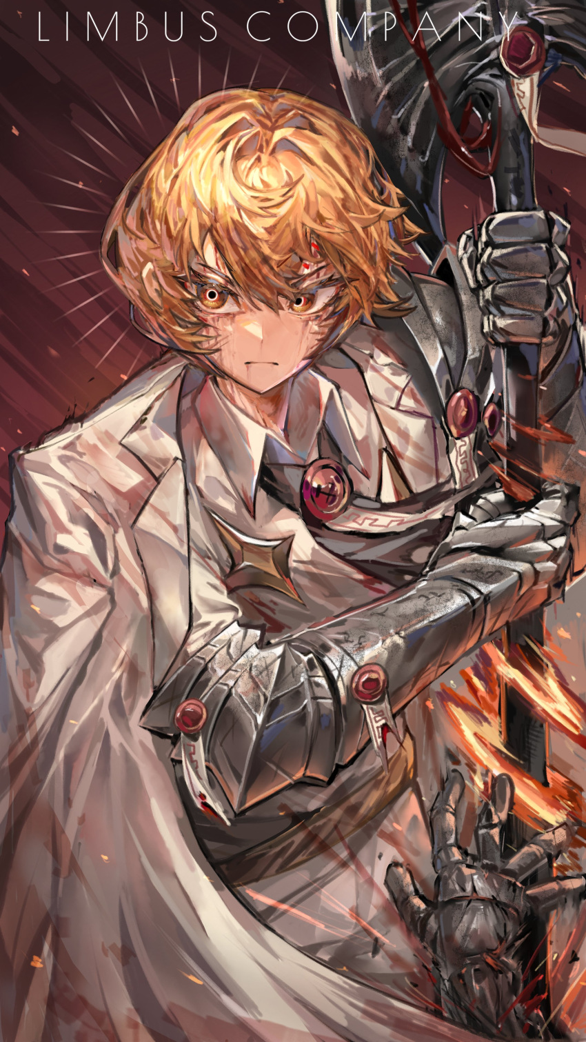1boy absurdres bishounen blonde_hair blood blood_on_clothes copyright_name cowboy_shot gauntlets halberd highres limbus_company male_focus nameno92372763 neckerchief polearm project_moon sinclair_(project_moon) solo suit weapon white_suit yellow_eyes