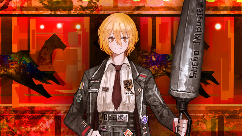 1girl belt black_coat blonde_hair bob_cut carousel coat collared_shirt don_quixote_(project_moon) game_cg hair_between_eyes highres holding holding_polearm holding_weapon lance limbus_company nai_ga official_art open_clothes open_coat polearm project_moon shirt solo weapon white_shirt yellow_eyes
