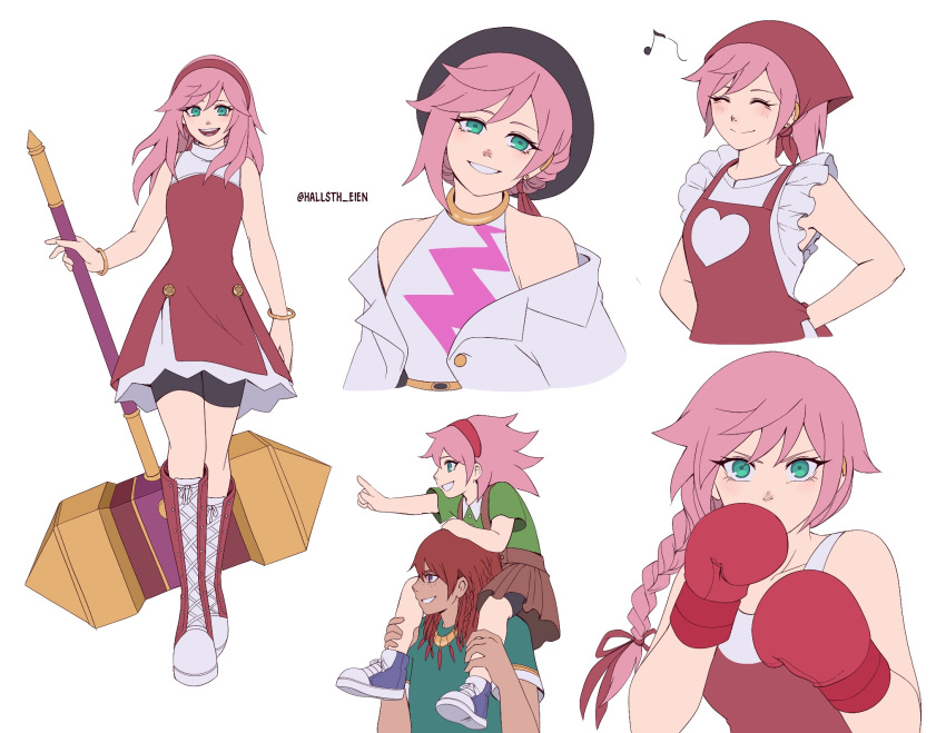 1boy 1girl age_difference amy_rose apron armor artist_name boots boxing boxing_gloves braid brown_skirt carrying closed_eyes closed_mouth dress frilled_shirt frills gold_bracelet green_eyes green_shirt hairband hallsth-eien hammer heart highres humanization jacket knee_boots knuckles_the_echidna long_hair multiple_views musical_note open_clothes open_jacket pink_hair pleated_skirt red_armor red_dress red_footwear red_hairband redhead shirt shoes simple_background skirt sleeveless sonic_(series) two-tone_dress white_background white_dress