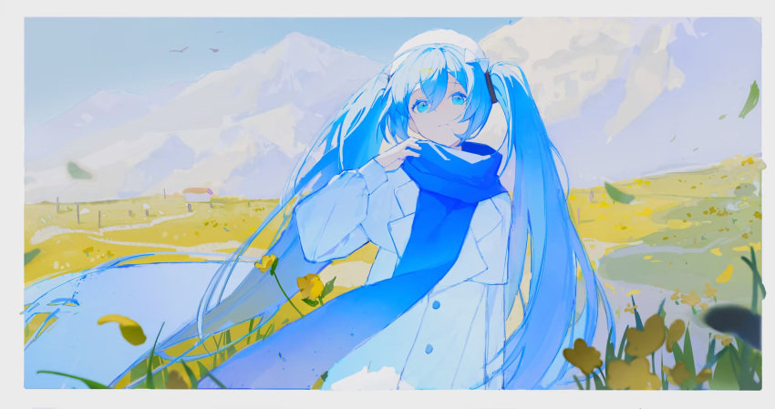 1girl beret blue_eyes blue_hair blue_scarf blue_sky border bow buttons capelet chinese_commentary clear_sky coat colored_eyelashes commentary_request day escapeeverytime falling_petals field floating_hair flower hair_between_eyes hair_bow hand_up hat hatsune_miku highres landscape light_smile long_sleeves looking_ahead mountain mountainous_horizon outdoors petals scarf scenery simple_bird sky solo twintails upper_body vocaloid white_border white_capelet white_coat white_headwear wind yellow_flower