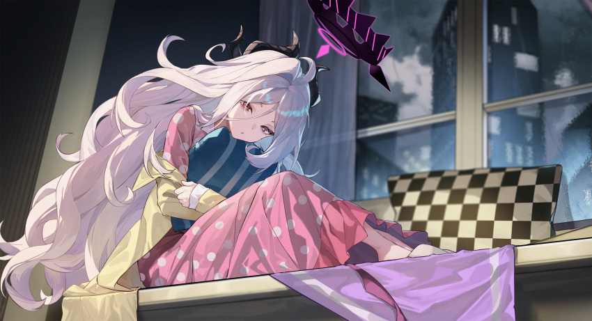 1girl absurdres black_horns blue_archive demon_horns grey_hair halo highres hina_(blue_archive) hina_(pajamas)_(blue_archive) horns indoors long_hair long_sleeves looking_at_viewer multiple_horns official_alternate_costume pajamas parted_lips pillow pink_eyes pink_pajamas polka_dot polka_dot_pajamas slippers solo super_h2o very_long_hair window
