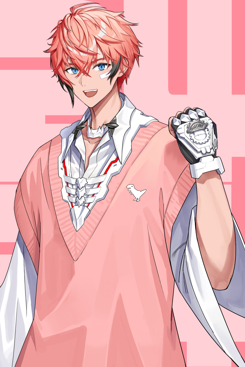 1boy absurdres akagi_wen bandaid bandaid_on_cheek bandaid_on_face black_hair blue_eyes clenched_hand collared_shirt fingerless_gloves gloves highres male_focus multicolored_hair mytea_(3e296) nijisanji open_mouth pink_hair pink_sweater_vest shirt smile solo streaked_hair sweater_vest virtual_youtuber white_gloves white_shirt wide_sleeves