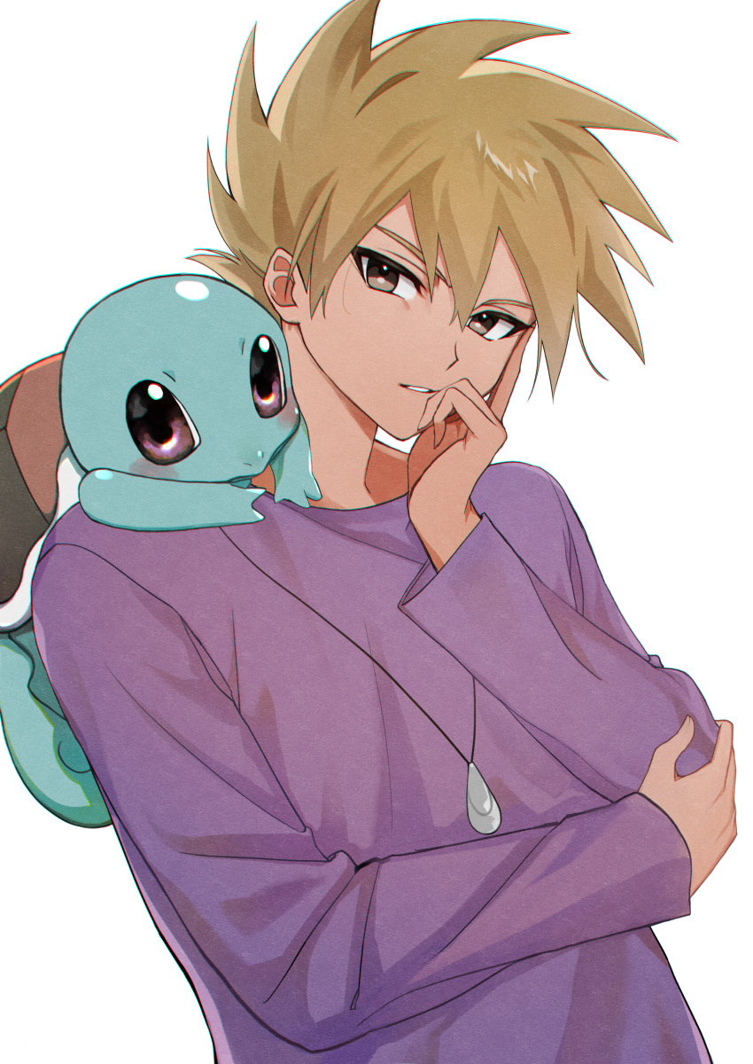 1boy absurdres blonde_hair blue_oak brown_eyes commentary_request hand_up head_tilt highres jewelry long_sleeves male_focus necklace neptune_(mhrc2784) on_shoulder parted_lips pokemon pokemon_(creature) pokemon_on_shoulder pokemon_rgby purple_shirt shirt short_hair spiky_hair squirtle upper_body white_background