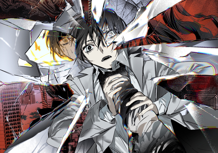 2boys bishounen black_eyes black_hair gapamopa gasp grey_eyes heterochromia highres limbus_company male_focus multiple_boys open_mouth project_moon sang_yi_(project_moon) shattered shirt short_hair strangling suit sweat white_shirt white_suit yellow_eyes yi_sang_(project_moon)