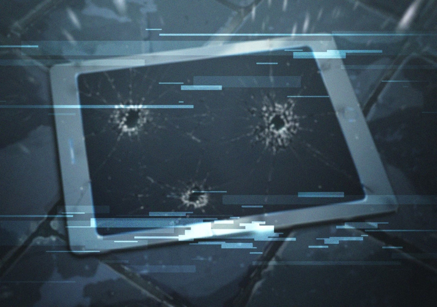 blue_archive bullet_hole cracked_screen game_cg glitch no_humans non-web_source official_art outdoors rain tablet_pc