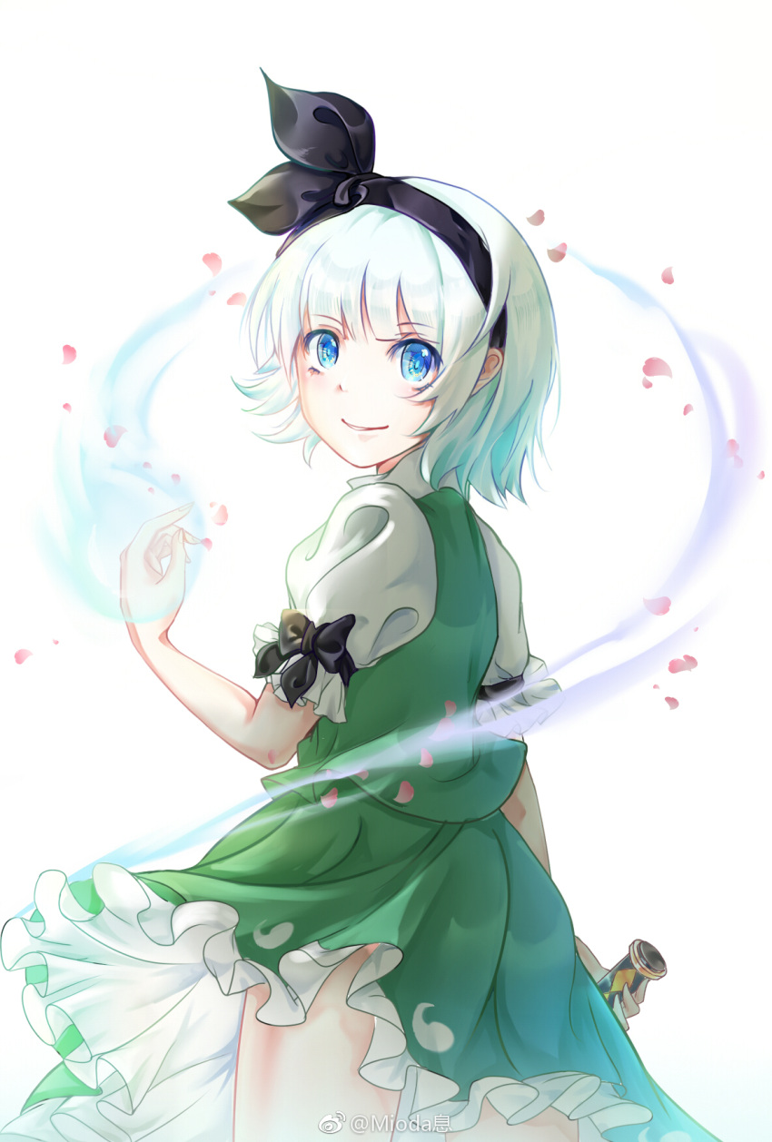 1girl black_bow black_hairband blue_eyes blunt_bangs bow chinese_commentary closed_mouth collared_shirt commentary_request cowboy_shot eyelashes frilled_skirt frilled_sleeves frills from_behind ghost green_skirt green_vest hair_bow hairband highres hitodama_print holding holding_sword holding_weapon katana konpaku_youmu konpaku_youmu_(ghost) looking_at_viewer looking_back making-of_available miniskirt mioda_xi petals puffy_short_sleeves puffy_sleeves shirt short_hair short_sleeves simple_background skirt sleeve_bow smile solo sword touhou vest weapon white_background white_hair white_shirt white_sleeves