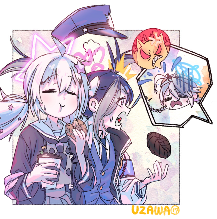 3girls ahoge angry antenna_hair armband black_jacket black_neckerchief blue_archive blue_armband blue_hair blue_headwear blue_necktie blue_vest border bow braid closed_eyes closed_mouth coffee_cup cup demon disposable_cup doughnut eating fire food fubuki_(blue_archive) grey_hair grey_shirt grey_skirt hair_between_eyes hair_bow hair_ornament halo hand_up hands_up highres holding holding_cup holding_food jacket kirino_(blue_archive) light_blue_hair multicolored_hair multiple_girls neckerchief necktie notice_lines outside_border pararilla parted_bangs pink_hair pink_halo pleated_skirt red_eyes reisa_(blue_archive) sailor_collar sharp_teeth shirt skirt solid_eyes star_(symbol) star_hair_ornament star_halo streaked_hair sweat sweatdrop swept_bangs teeth twin_braids twintails upper_body vest white_border white_bow white_hair white_jacket white_shirt