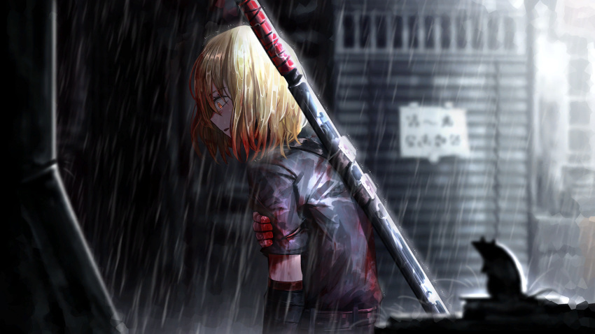 1girl belt black_shirt blonde_hair blood blood_in_hair blood_on_clothes blood_on_hands bob_cut don_quixote_(project_moon) game_cg highres injury katana limbus_company mouse nai_ga official_art project_moon rain sad sheath sheathed shirt short_hair solo_focus sword t-shirt turtleneck weapon