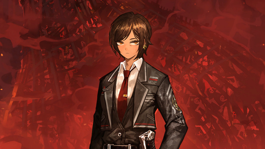 1girl belt black_belt black_jacket black_vest brown_hair closed_mouth collared_shirt ear_piercing game_cg highres jacket lapels limbus_company long_sleeves looking_at_viewer nai_ga necktie notched_lapels official_art orange_eyes outis_(project_moon) piercing project_moon red_necktie shirt short_hair solo tie_clip upper_body vest white_shirt wing_collar