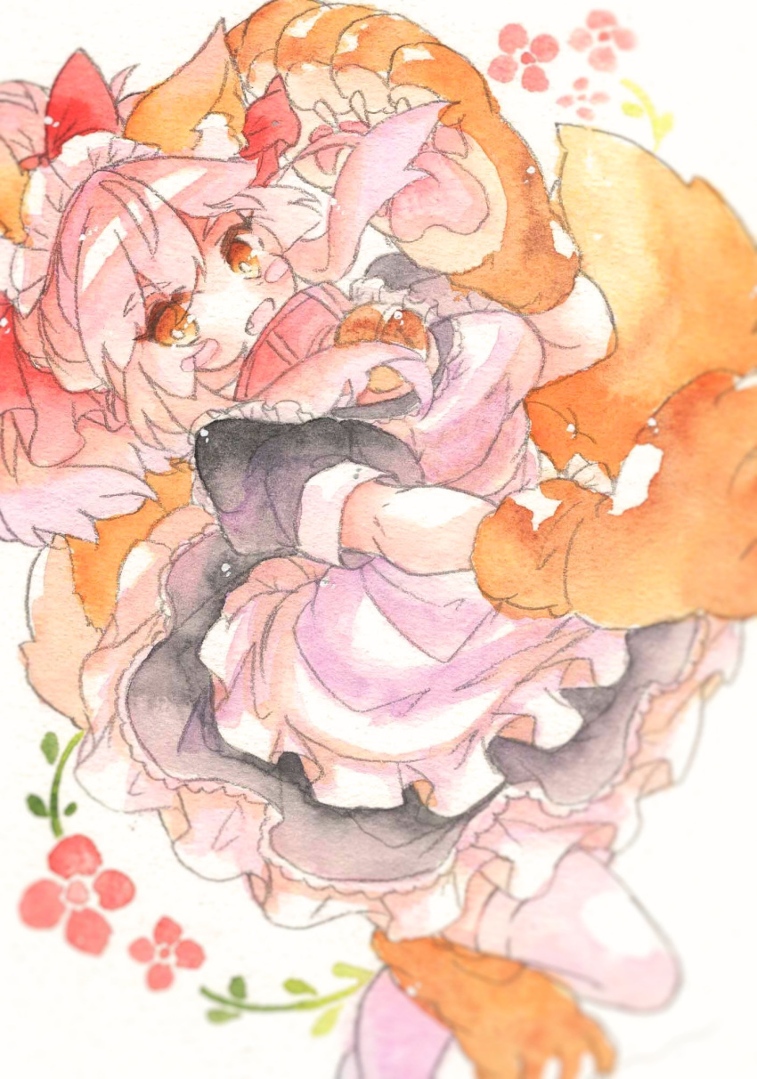 1girl :d animal_ears animal_feet animal_hands apron black_dress dress fang fate/grand_order fate_(series) fina_(sa47rin5) hand_up highres knee_up looking_at_viewer open_mouth orange_eyes orange_tail painting_(medium) pink_hair short_sleeves simple_background smile solo tamamo_(fate) tamamo_cat_(fate) thigh-highs traditional_media watercolor_(medium) white_apron white_background white_thighhighs