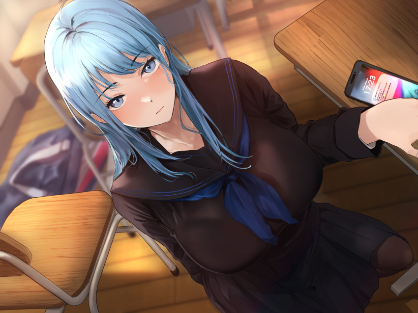 1girl akito_(d30n26) bag black_serafuku blue_eyes blue_hair blurry blurry_background blush breasts cellphone chair classroom desk from_above highres indoors large_breasts long_hair looking_at_viewer neckerchief on_chair on_desk original phone pleated_skirt sailor_collar school school_bag school_chair school_desk school_uniform serafuku shirt skirt smartphone solo wooden_floor