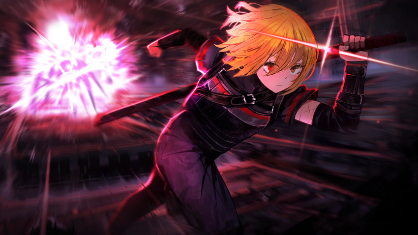 1girl 1other belt black_shirt black_vest blonde_hair bob_cut don_quixote_(project_moon) drawing_sword game_cg highres holding holding_sword holding_weapon holster katana limbus_company nai_ga official_art project_moon scar sheath sheathed shirt short_hair shoulder_holster solo_focus sword t-shirt turtleneck vest weapon