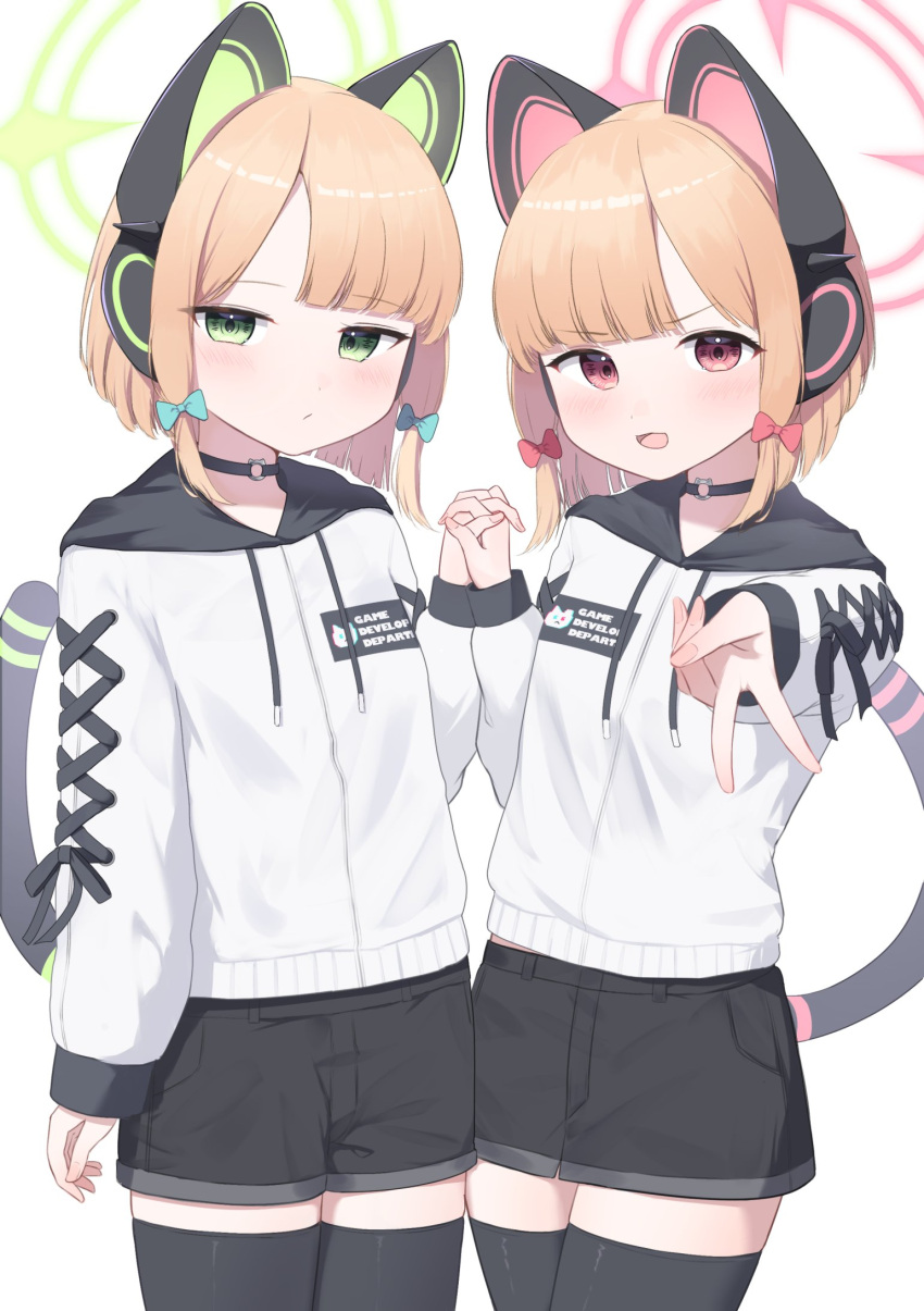 2girls alternate_costume animal_ear_headphones animal_ears black_choker black_hood black_shorts black_skirt black_thighhighs blonde_hair blue_archive blush bow cat_ear_headphones choker cowboy_shot fake_animal_ears fake_tail green_bow green_eyes green_halo gyaru_v hair_bow halo hand_up headphones highres holding_hands hood hoodie interlocked_fingers long_sleeves looking_at_viewer low-tied_sidelocks midori_(blue_archive) momoi_(blue_archive) multiple_girls open_mouth outstretched_arm pink_eyes pink_halo red_bow short_hair shorts siblings sisters skirt smile tail takeroku thigh-highs twins v white_background white_hoodie