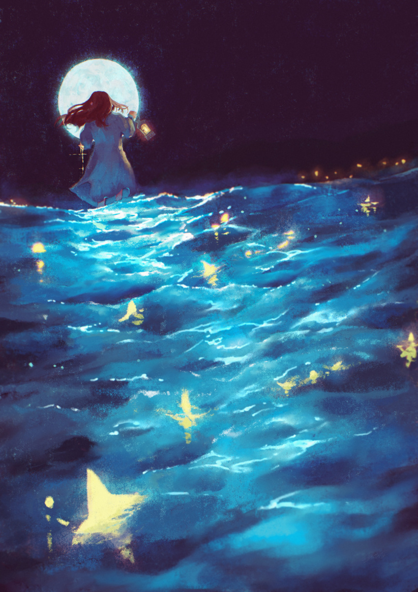 1girl absurdres brown_hair glowing highres holding holding_lantern lantern long_hair night night_sky nightgown ocean original outdoors saisho_(qpoujr) scenery sky soaking_feet solo water white_nightgown