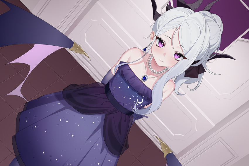 1girl black_horns blue_archive blush closed_mouth dangle_earrings demon_horns demon_wings dress dutch_angle earrings elbow_gloves gloves grey_hair highres hina_(blue_archive) hina_(dress)_(blue_archive) horns indoors jewelry long_hair looking_at_viewer multiple_horns necklace official_alternate_costume official_alternate_hairstyle pendant purple_dress purple_gloves purple_thighhighs purple_wings qianshibu smile solo strapless strapless_dress thigh-highs violet_eyes wings