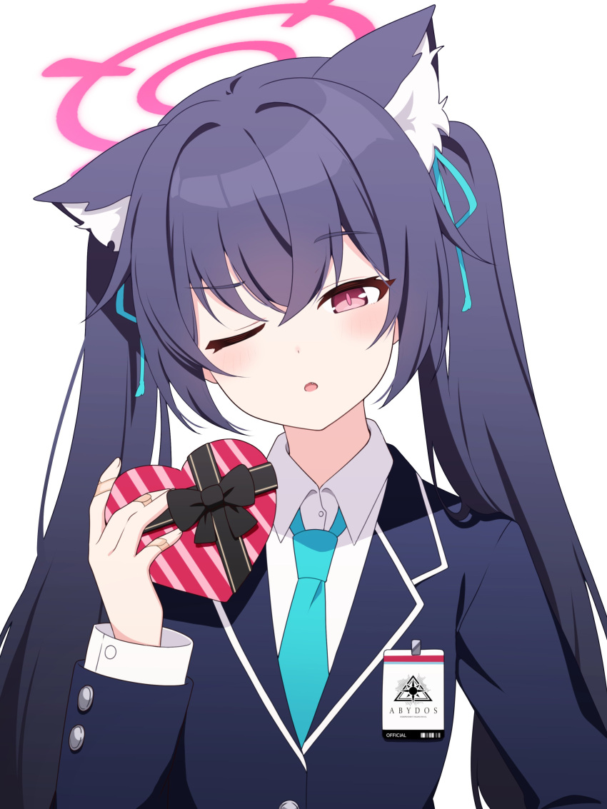 1girl ;o absurdres animal_ears aqua_necktie aqua_ribbon bandaid bandaid_on_hand black_hair blazer blue_archive box cat_ears collared_shirt commentary_request gift gift_box halo heart-shaped_box highres jacket korean_commentary long_hair long_sleeves necktie one_eye_closed pn_(wnsl216) red_eyes red_halo ribbon school_uniform serika_(blue_archive) shirt simple_background solo twintails upper_body white_background white_shirt