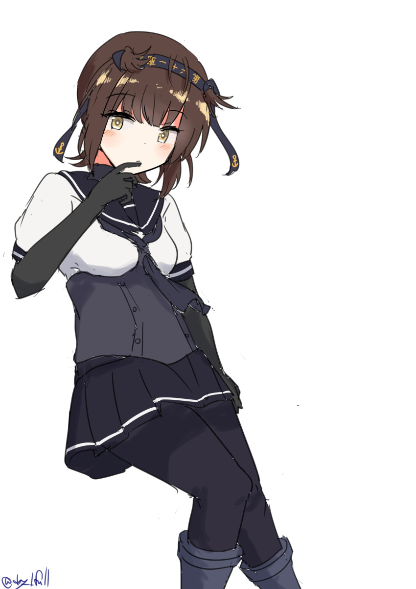 1girl absurdres black_bodysuit black_gloves black_headband black_neckerchief black_pantyhose black_sailor_collar black_skirt bodysuit bodysuit_under_clothes brown_hair corset elbow_gloves feet_out_of_frame gloves hachimaki hair_flaps hatsuzuki_(kancolle) headband highres kantai_collection leaning_back neckerchief one-hour_drawing_challenge pantyhose pleated_skirt robinson_(day_l_full) sailor_collar shirt short_hair simple_background skirt solo white_background white_shirt yellow_eyes