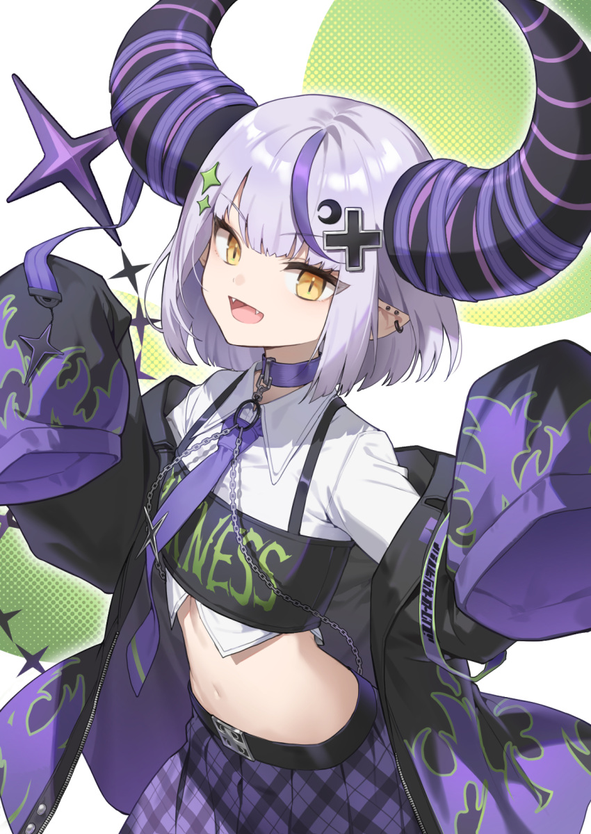 1girl demon_girl demon_horns fangs grey_hair hair_ornament highres hololive horns la+_darknesss long_sleeves looking_at_viewer multicolored_hair n2_00345 necktie open_mouth pointy_ears purple_hair purple_necktie short_hair sleeves_past_fingers sleeves_past_wrists smile solo streaked_hair striped_horns virtual_youtuber yellow_eyes