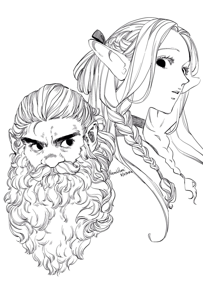 1boy 1girl artist_name beard braid choker commentary covered_mouth cropped_shoulders dated dungeon_meshi dwarf elf english_commentary eyelashes facial_hair french_braid full_beard greyscale hair_around_ear hair_pulled_back highres long_beard long_hair looking_at_another marcille_donato monochrome multiple_braids mustache nenek_hani no_headwear parted_bangs pointy_ears senshi_(dungeon_meshi) side_braid sideways_glance simple_background