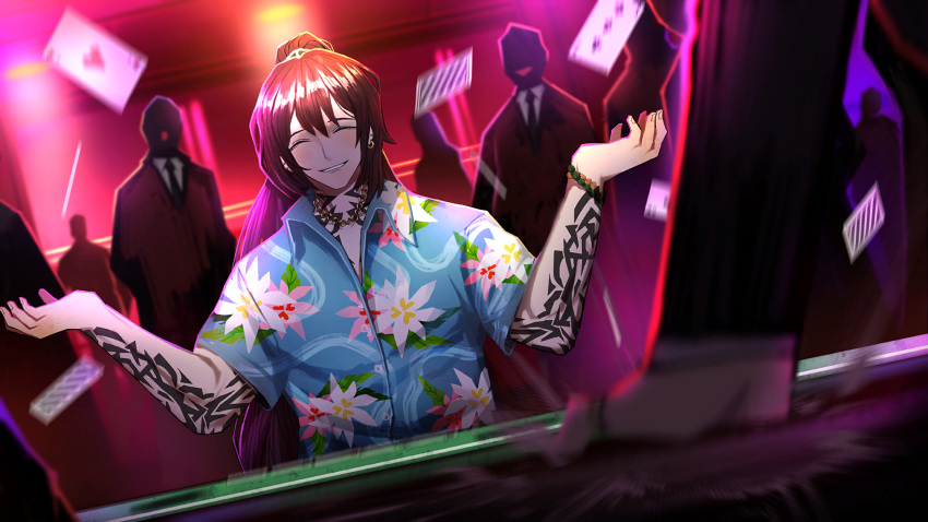 1boy 6+others arm_tattoo black_hair blue_shirt card chest_tattoo closed_mouth collared_shirt desk_slam dress_shirt earrings floral_print game_cg grin hawaiian_shirt highres hong_lu_(project_moon) indoors jewelry limbus_company long_hair multiple_others nai_ga neck_tattoo official_art open_mouth parted_lips playing_card ponytail project_moon shirt sitting smile solo_focus standing tattoo teeth wing_collar