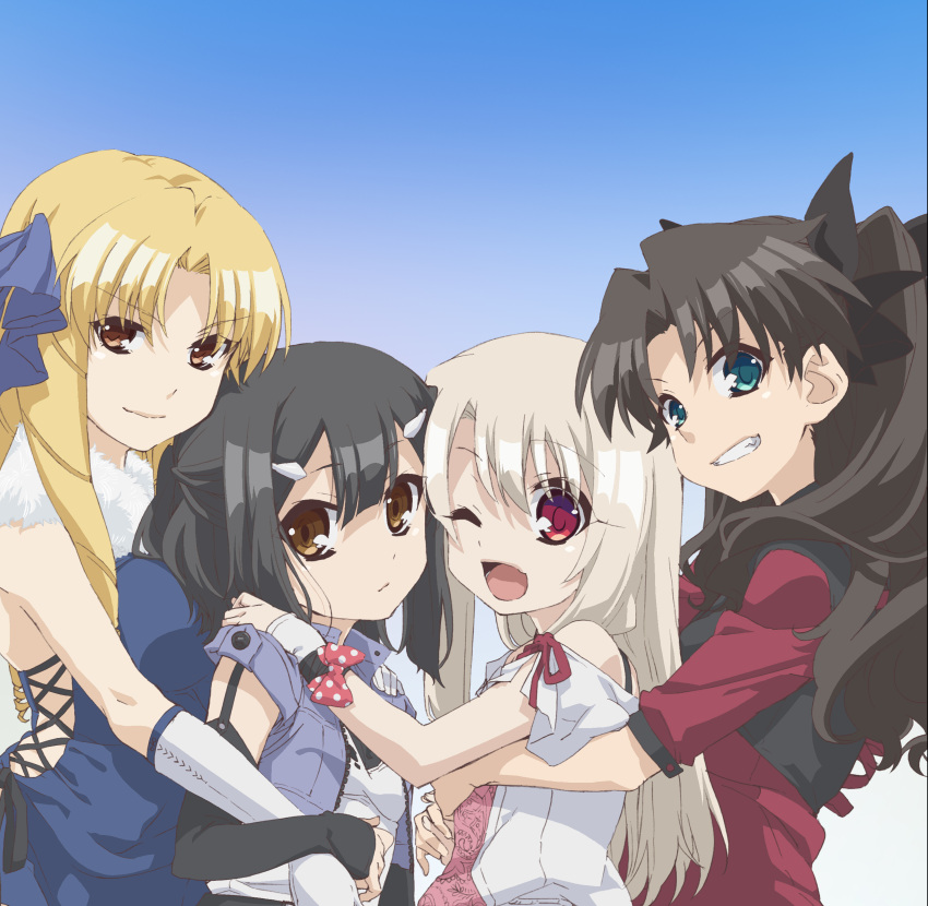 4girls absurdres aqua_eyes bare_shoulders black_hair blonde_hair blue_background breasts brown_eyes brown_hair closed_mouth commentary_request elbow_gloves fate/kaleid_liner_prisma_illya fate_(series) gloves gradient_background grin hair_between_eyes hair_ornament hairclip hand_on_another's_shoulder highres hug hug_from_behind illyasviel_von_einzbern large_breasts light_smile long_hair looking_at_viewer luviagelita_edelfelt miyu_edelfelt multiple_girls off_shoulder official_art one_eye_closed open_mouth red_eyes red_shirt ribbon shirt small_breasts smile straight_hair tohsaka_rin