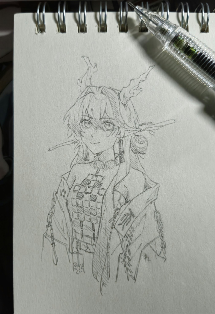 1girl arknights art_tools_in_frame bare_shoulders breasts choker commentary cropped_torso dragon_girl dragon_horns earrings english_commentary graphite_(medium) greyscale hair_between_eyes hair_intakes hair_ornament hair_stick highres horns jacket jewelry long_hair looking_at_viewer mechanical_pencil monochrome off_shoulder open_clothes open_jacket pencil pointy_ears reii_nekima shirt shu_(arknights) sketch small_breasts solo strapless strapless_shirt tassel tassel_earrings traditional_media upper_body