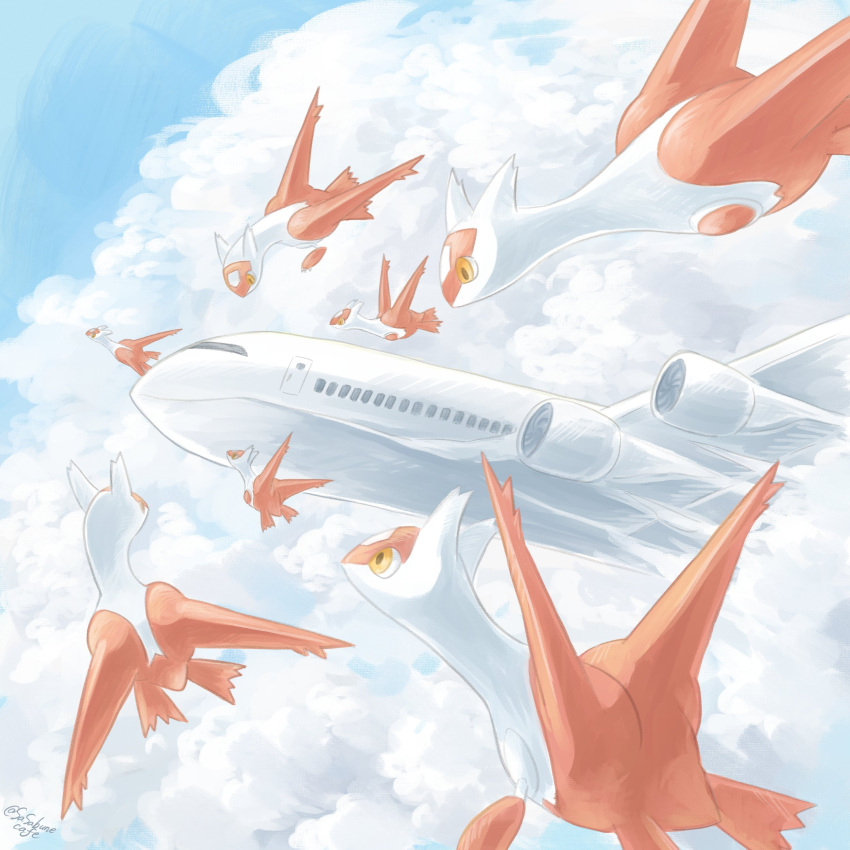 absurdres aircraft airplane artist_name blue_sky clouds cloudy_sky commentary_request day flying highres latias looking_to_the_side no_humans outdoors pokemon pokemon_(creature) sasabunecafe signature sky twitter_username yellow_eyes