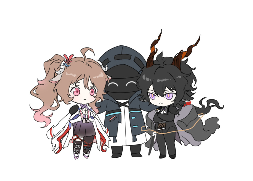 1boy 1girl 1other ^_^ animal_ears arknights black_footwear black_hair black_jacket black_pants black_pantyhose black_thighhighs brown_hair chibi closed_eyes closed_mouth collared_shirt crossed_arms doctor_(arknights) ebenholz_(arknights) eyjafjalla_(arknights) eyjafjalla_the_hvit_aska_(arknights) hood hood_up hooded_jacket horns jacket long_hair own_hands_together pants pantyhose pink_eyes purple_shirt purple_skirt rio_(rio773) sheep_ears sheep_girl sheep_horns shirt shoes side_ponytail simple_background single_leg_pantyhose single_thighhigh skirt smile standing thigh-highs very_long_hair violet_eyes white_background white_jacket white_shirt