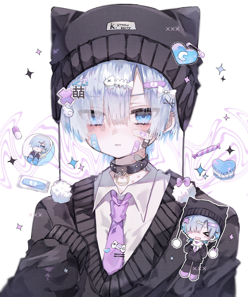 &gt;_&lt; 1boy animal_ear_headwear bandaid bandaid_hair_ornament bandaid_on_cheek bandaid_on_face beanie bishounen black_collar black_headwear black_pants black_sweater blue_eyes blue_hair blurry blurry_foreground blush blush_stickers bow candy chibi chibi_inset closed_mouth collar fish_skeleton_hair_ornament food hair_bow hair_ornament hair_over_one_eye hairclip hand_on_own_chest hat hat_ornament heart heart_hat_ornament hickey highres hiro_0607 holding holding_letter letter letter_hair_ornament long_sleeves love_letter male_focus necktie open_mouth original outline pants pill pom_pom_(clothes) pom_pom_beanie purple_footwear purple_necktie shirt simple_background sleeves_past_wrists solo sparkle sweater upper_body wavy_mouth white_background white_bow white_outline white_shirt wing_hair_ornament x_hair_ornament