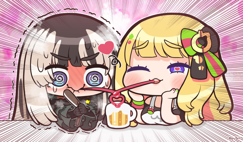 2girls @_@ absurdres aki_rosenthal aki_rosenthal_(gaming_casual) alcohol beer beer_mug black_hair black_shirt blonde_hair blunt_bangs bow chibi commentary crazy_straw cup dress drinking_straw emphasis_lines english_commentary green_dress grey_hair hair_bow heart heart-shaped_pupils heart_straw highres hololive huusri juufuutei_raden long_hair mug multicolored_hair multiple_girls shared_drink shirt streaked_hair symbol-shaped_pupils violet_evergarden violet_eyes virtual_youtuber yuri