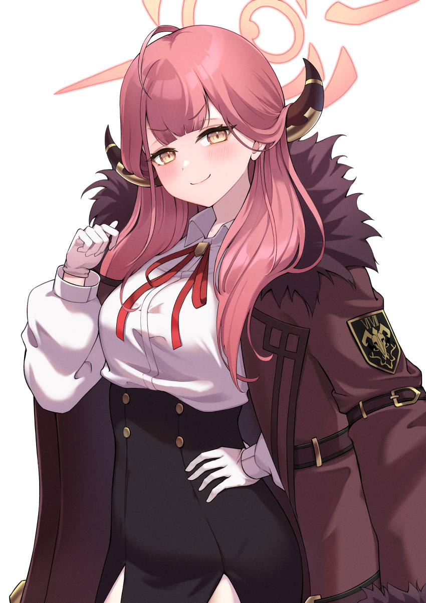 1girl absurdres aru_(blue_archive) black_skirt blue_archive blush breasts brown_coat brown_horns closed_mouth coat coat_on_shoulders collared_shirt cowboy_shot demon_horns fur-trimmed_coat fur_trim gloves halo highres horns large_breasts long_hair long_sleeves looking_at_viewer pink_hair pink_halo red_ribbon ribbon shirt side_slit simple_background skirt smile solo white_background white_gloves white_shirt yatumeshinoa yellow_eyes