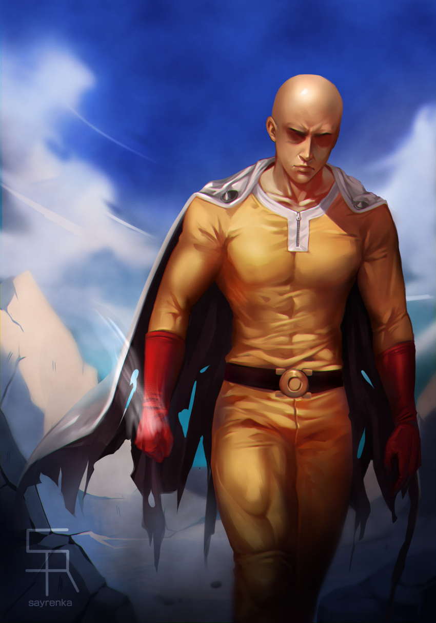 1boy absurdres bald belt black_belt bodysuit cape closed_mouth clouds cloudy_sky commentary english_commentary gloves highres male_focus one-punch_man outdoors realistic red_gloves saitama_(one-punch_man) sayrenka signature sky solo standing superhero white_cape yellow_bodysuit