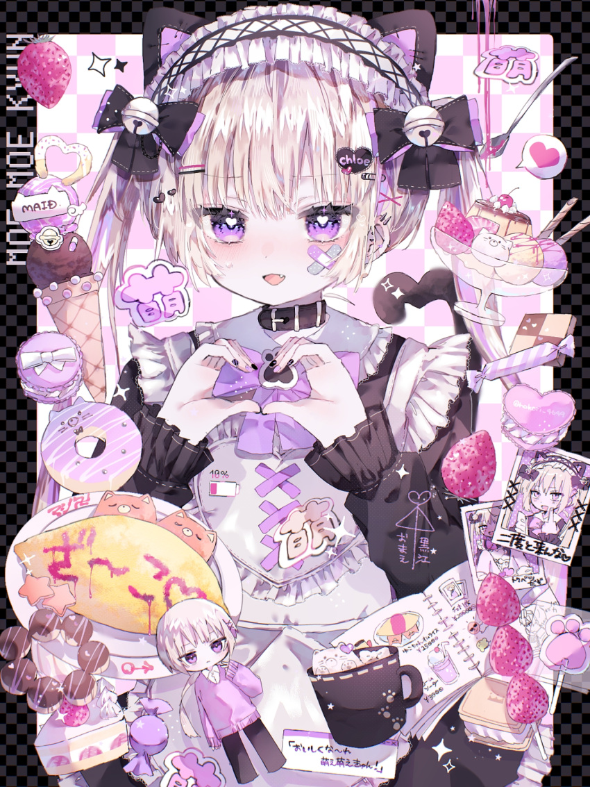 1boy alternate_costume animal_ears apron bandaid bandaid_on_cheek bandaid_on_face battery_indicator black_border black_bow black_collar black_dress black_nails black_pants black_tail blonde_hair blunt_bangs border bow cake candy cat_boy cat_ears cat_tail character_name checkerboard_cookie checkered_background checkered_border chibi chibi_inset chocolate coffee_mug collar cookie crossed_bandaids cup doughnut dress ear_piercing expressionless fake_animal_ears food fruit hair_ornament hairband hairclip hand_on_own_chest heart heart_hair_ornament heart_hands heart_tail highres hiro_0607 ice_cream ice_cream_cone ice_cream_sandwich inset_border lolita_fashion lollipop low_ponytail macaron maid maid_apron maid_headdress mars_symbol mug notebook omelet omurice original otoko_no_ko pants parfait piercing pink_background purple_bow purple_sweater sidelocks solo sparkle speech_bubble spoken_heart strawberry sweater sweets tail twintails upper_body violet_eyes white_background white_hair