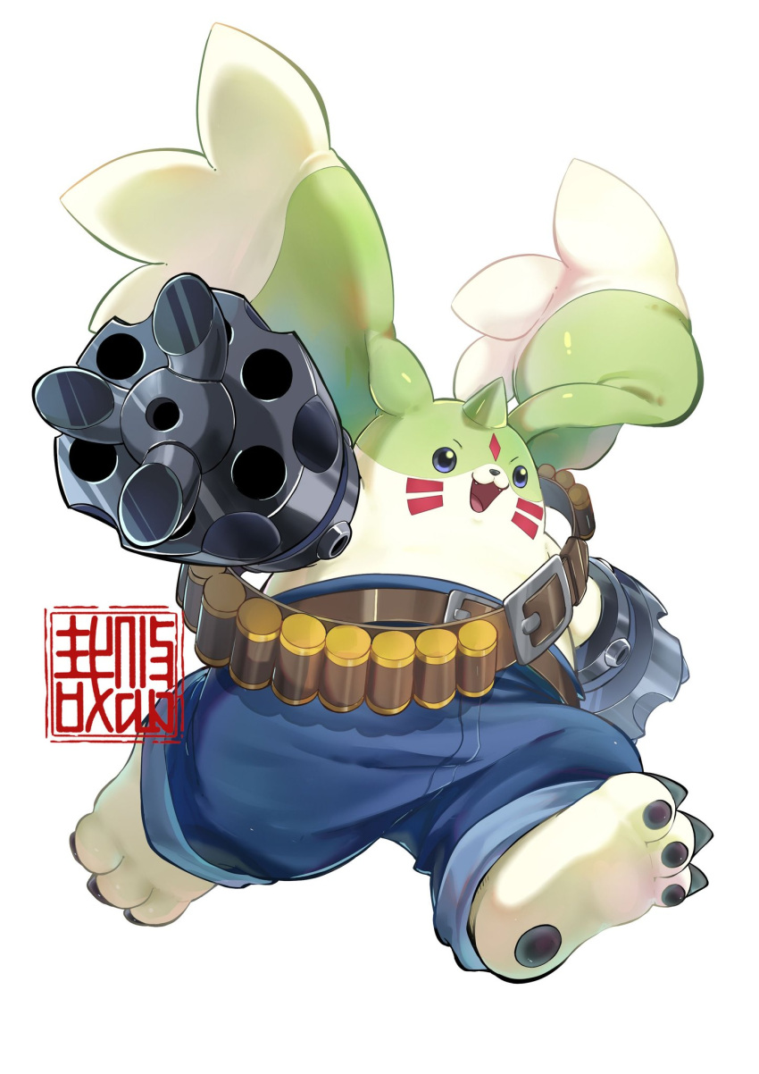 :3 :d ammunition_belt belt belt_buckle blue_eyes blue_pants brown_belt buckle claws commentary digimon digimon_(creature) facial_mark fangs floppy_ears galgomon gatling_gun green_horns highres horns open_mouth pants pawpads running simple_background single_horn smile solo symbol-only_commentary v-shaped_eyebrows whisker_markings white_background youzaiyouzai112