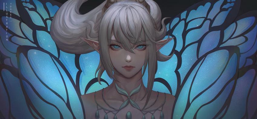 1other absurdres androgynous artist_name blue_eyes butterfly_wings expressionless final_fantasy final_fantasy_xiv grey_hair hair_between_eyes highres insect_wings jewelry long_hair looking_at_viewer necklace pointy_ears portrait straight-on titania_(final_fantasy) wings yuki_lu