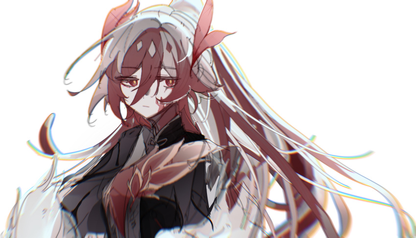 absurdres alternate_costume black_jacket eyeliner fu_hua fu_hua_(fenghuang_of_vicissitude) gan5929982 grey_shirt hair_between_eyes highres honkai_(series) honkai_impact_3rd jacket long_hair long_sleeves makeup multicolored_hair open_clothes open_jacket red_eyeliner red_eyes red_scales redhead shirt simple_background streaked_hair symbol-shaped_pupils two-tone_hair upper_body white_background white_hair yellow_pupils